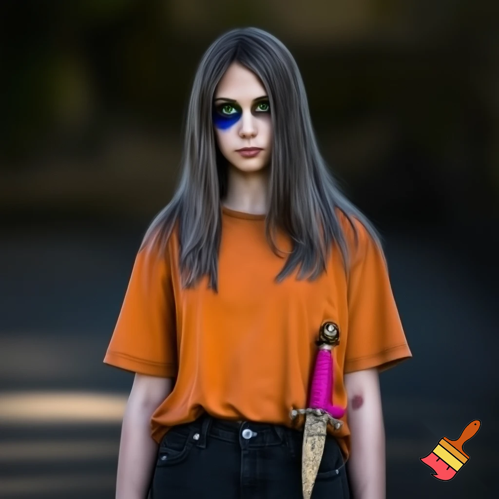 Ein 17 Jahre altes Mädchen das aussieht als währe sie durch viel gegangen klassisch hübsch mit brustlangem aschbraunem Haar und dunkelgrünen Augen aber das linke ist zu Hälfte dunkelblau die trägt ein orangenen Camp halb blood t Shirt und schwarze baggy Jeans an ihrer Seite hängt ein bronzener Dolch der Griff ist mit rosa Garn umwickelt sie hat ein paar Narben und im artstyle von Percy Jackson fanarts 