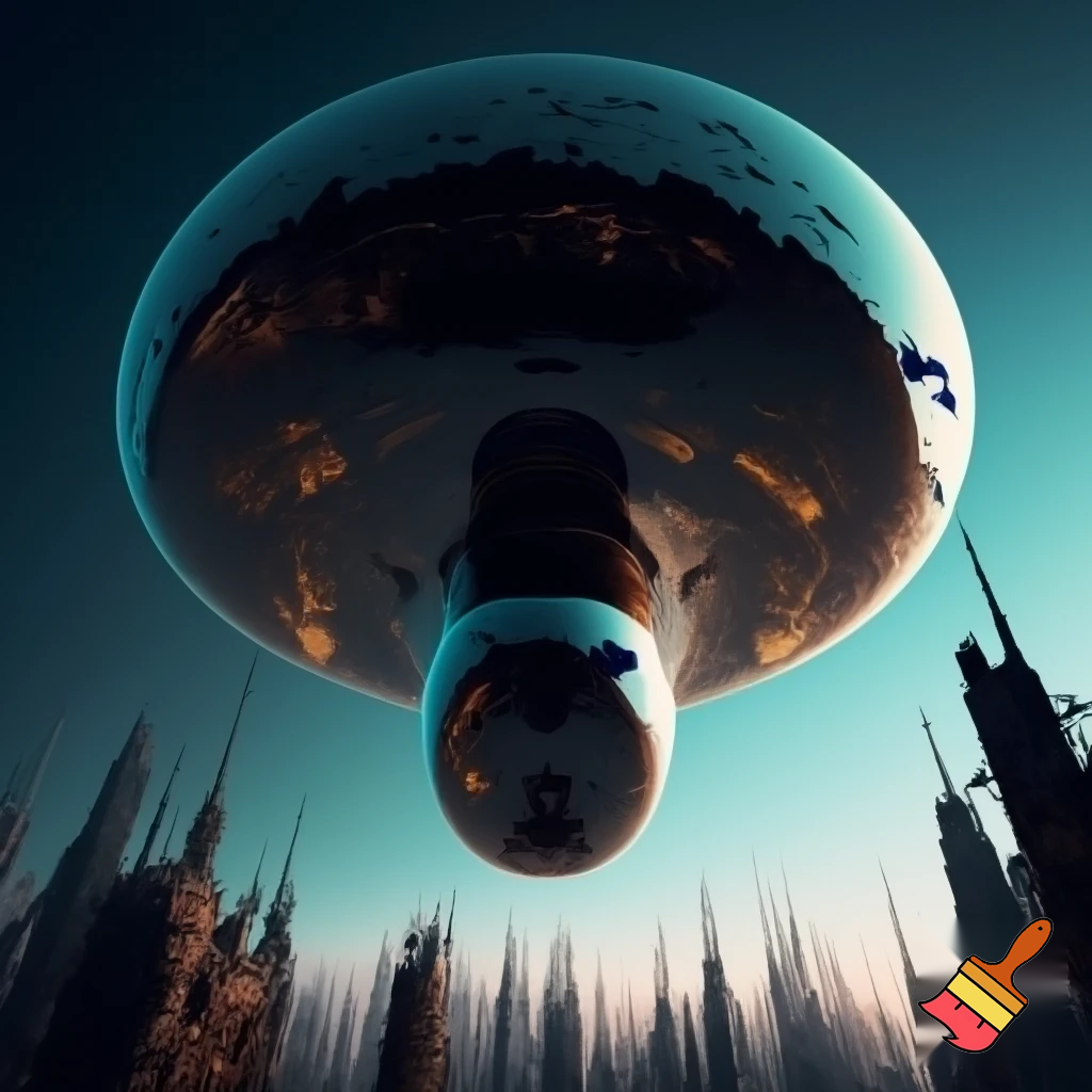 Cinematic shot, extreme low-angle view looking up, a massive, mushroom-shaped alien spacecraft of suffocating scale hovers directly over a futuristic space city. The ship's underbelly dominates the entire sky, its smooth, liquid-mercury mirrored surface grotesquely reflecting the intricate city spires and panicked shuttles below. The city lights cast distorted, fragmented patterns on the vessel. The colossal craft casts a deep shadow over half the metropolis, creating an overwhelming sense of oppression and triggering megalophobia. In the foreground, the city's towers and communication antennas appear minuscule and toy-like. Hyper-detailed, sci-fi realism, ray tracing, dynamic blur, apocalyptic atmosphere, 8K, UHD.