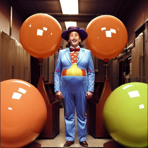 Vanessa Hudgens long hair depicted as a spherical shape inflated like a balloon, she is a round oval naked body boobs belly body overinflated Her facial expression is neutral, almost impassive. Her body is exaggeratedly rounded, forming a sphere, with no visible definition of limbs. ackground the Rusty Goffe and Marcus Powell Oompa Loompas from Willy Wonka's Chocolate Factory willy wonka characters real life real persons face Oompa Loompas, white eyebrows, colored skin, orange skin, blue eyes in out fits oompa loompas are standing around he