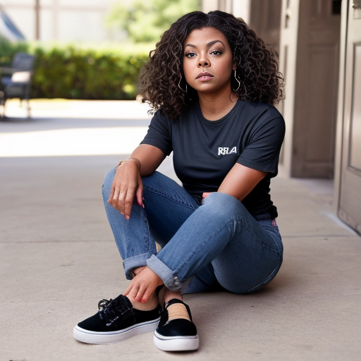 Taraji P. Henson long brown curly hair black t-shirt under t-shirt and blue jeans and black toes out shoes 
