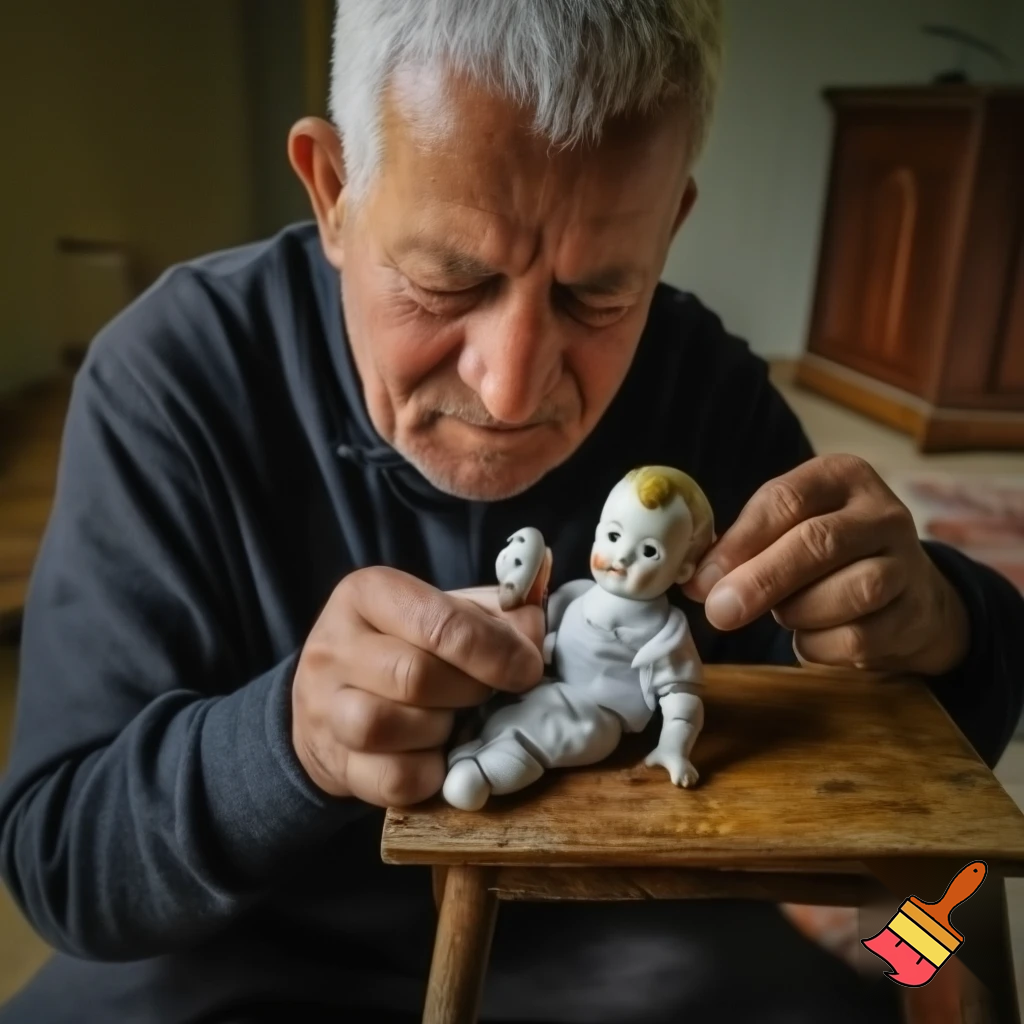 A realistic photograph of an elderly man sitting at a small wooden table, gently repairing a broken doll.
The scene looks natural and lifelike, with soft daylight coming from a nearby window.
The man’s face is warm and kind, with detailed wrinkles and calm eyes.
The background shows a simple cozy room with a nostalgic atmosphere.
Realistic lighting and natural colors.