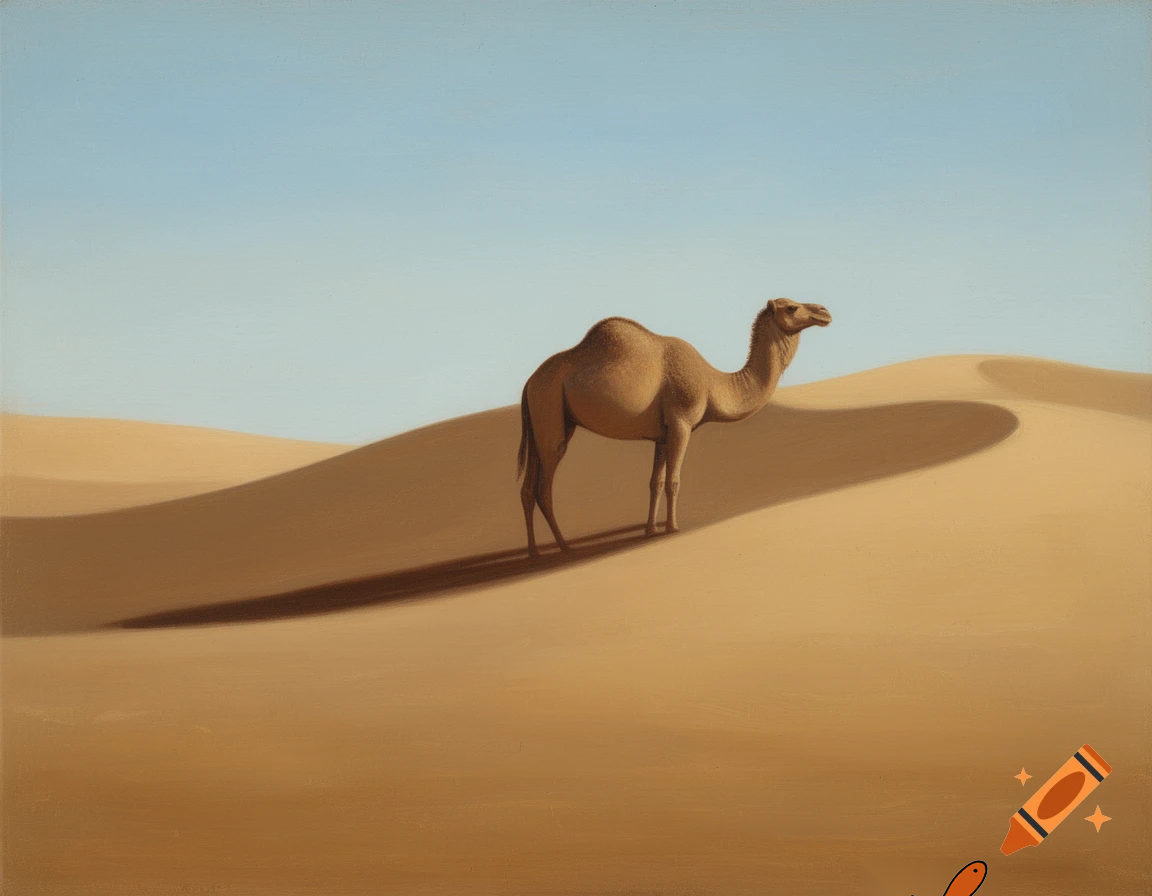 Minimalist, retro oil, painting, simple colors, a painting of a camel in the desert that is sort of a surrealism impression of a camel as its body blends into the hills of the desert, lots of shadows, light blue sky background