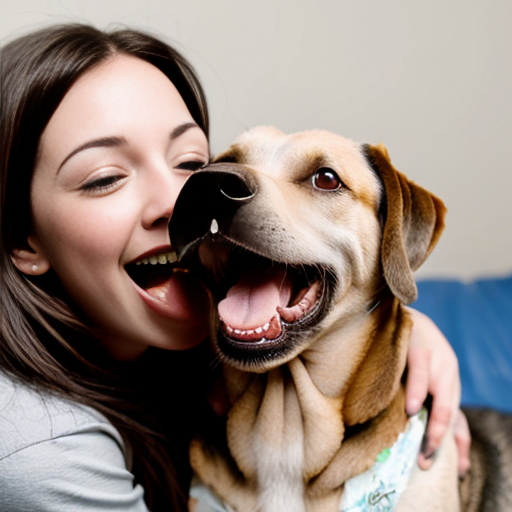 A dog that's tongue is so long and it is going into a woman's mouth
