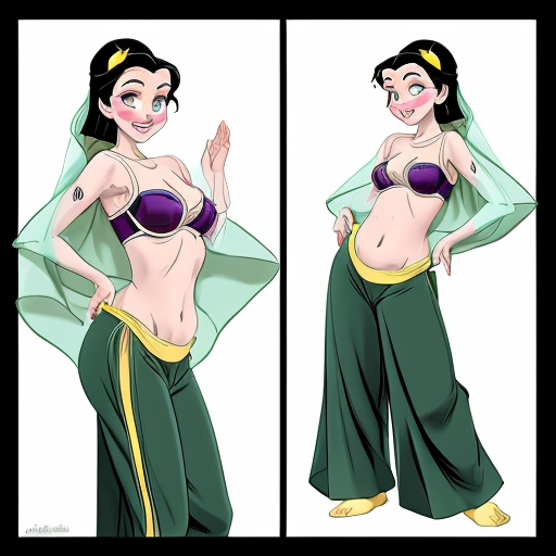 90's disney's 2d aladdin style comic black background and panels of panel 1 tiana with dark green harem pants and bra and curved slippers with both hand palms place together and hiding the bottom of her mouth with a dark green veil wrapped around her arms and attached to her head. 
panel 2 she danced with dark green harem pants barefoot with dark green bra and dark green curved slippers dark green veil wrapped around her arms and shoulders and raising legs and bounced up and down her belly and shook her hips left and right. 
panel 3 as tiana with dark green harem pants and bra and dark green curved slippers and spreading her arms, happily revealing her face to the viewer and giving a smile as she turns around shook her butt left and right. 
Panel 4 as tiana  with dark green harem pants and bra and dark green curved slippers started to fading away , except her belly, which is bouncing around. 
Panel 5 then the ball transforms into the fading in belly of snow white  with yellow harem pants and yellow bra and yellow curved slippers and a yellow veil wrapped around her arms and shoulders with her swaying her hips. 
Panel 6 snow white  with yellow harem pants, yellow bra, yellow curved slippers and yellow veil wrapped around her arms and shoulders gives a smile and winking her left eye 