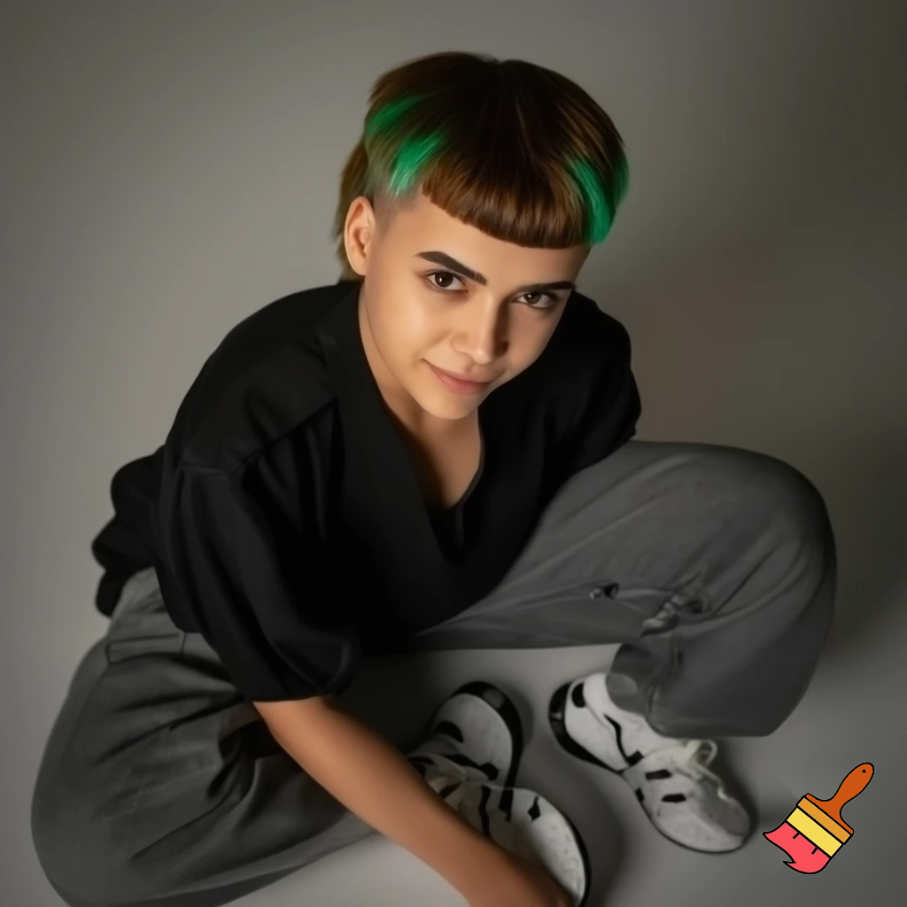 wygeneruj moją podobiznę jestem polakiem 186 wzrostu włosy na krótszy modern mullet grzywka delikatnię w górę moje buty nike shox szare baggy jeansy czrna luzna bluza wyrazista szczęka i oczy brązowo zielone kolor włosów brązowe mam 17 lat