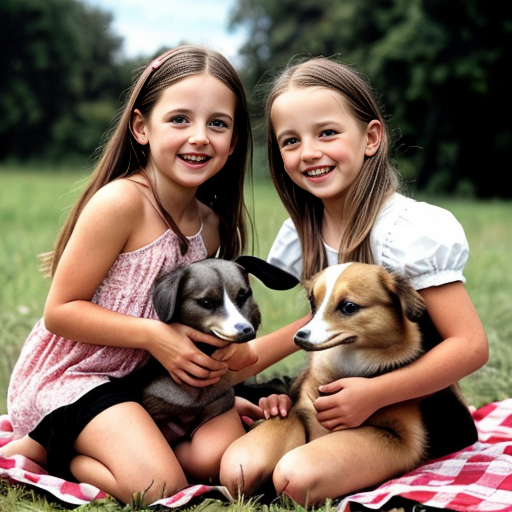 Two grown-ups, one big girl, little twin brothers Danny and Suzy and big sister's pet five little ducks having a picnic.
