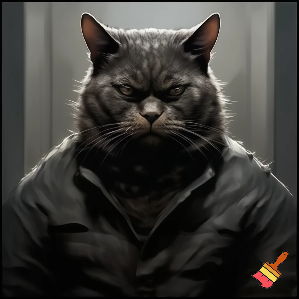 evil sinister scary strong cat in a police mugshot staring dim lights jail suit