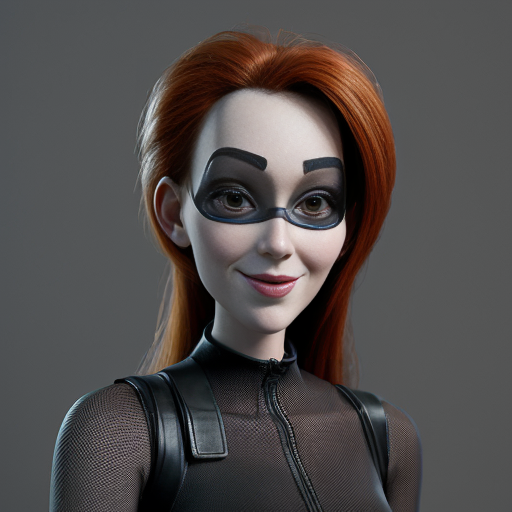 Photo of a pphotorealistic woman, lookalike of Edna from the Incredibles, very attractive facial features, very young looking for her age, 45 yo. The woman is wearing a broken Jason mask (covering only 3/4 of the face, with the top left quarter being uncovered, her deep brown eye visible. Is wearing a very modern elegant b&w outfit, holding chainsaw in hand.