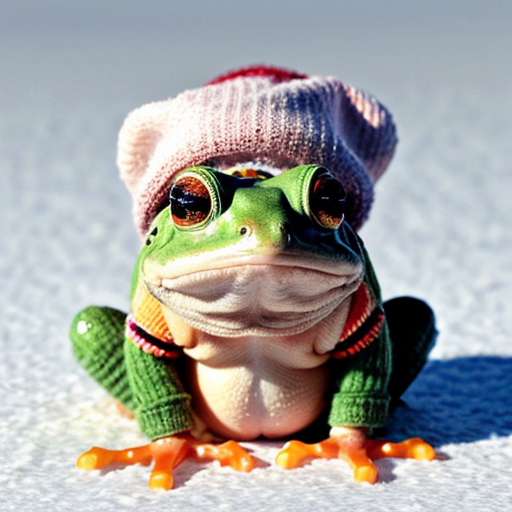 A laughable, puzzled animal toad in woolen, multicoloured winter clothings with woolen winter cap. Hyperrealistic art style.