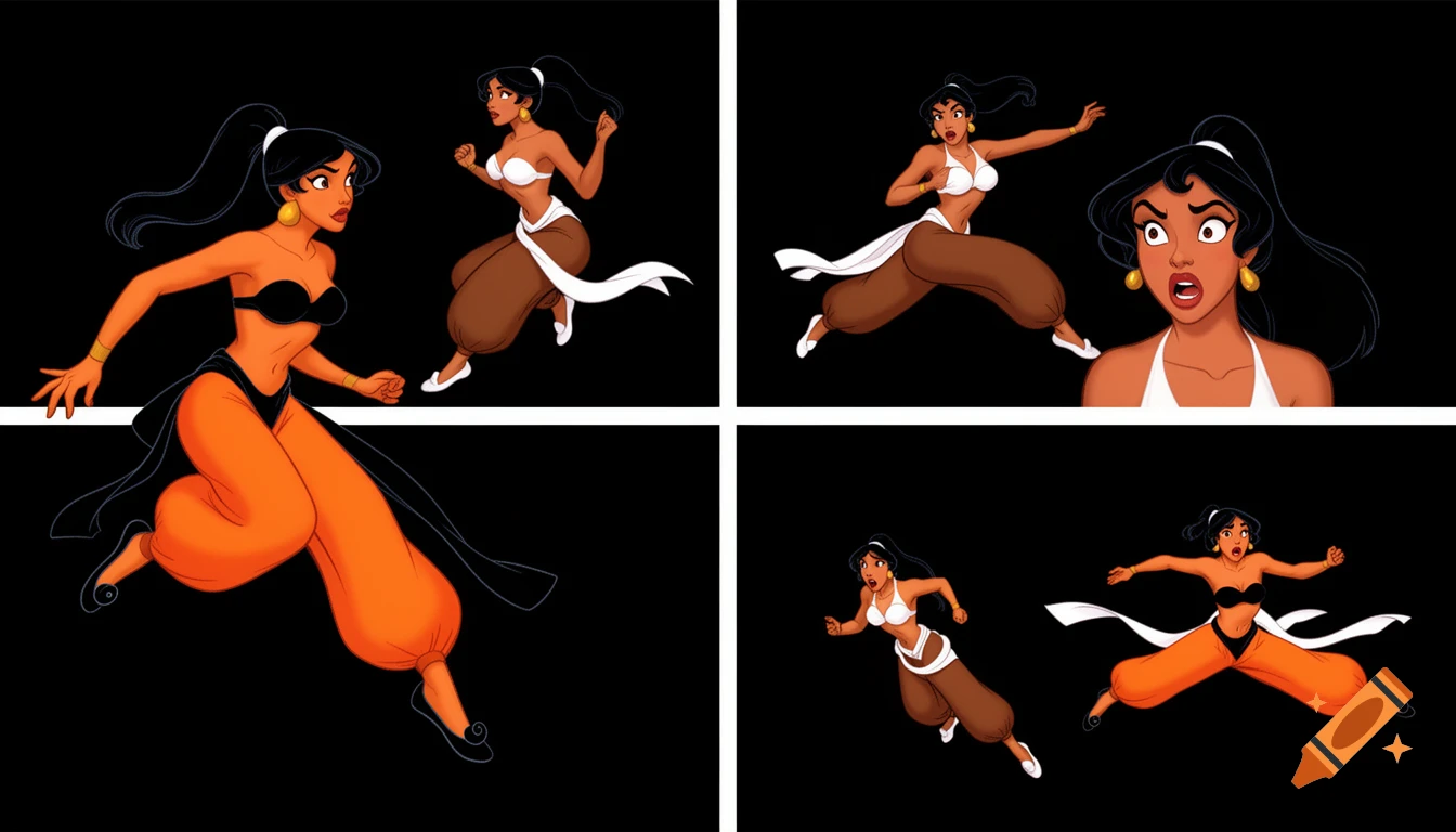 90's disney's 2d aladdin style comic black background and panels of Panel 1 a black haired ponytail woman with orange skin,orange harem pants black bra and black sash and black curved slippers from the bottom of the screen stares at viewer and a black haired ponytail woman with brown skin,brown harem pants white bra and white sash and white curved slippers from the top stares at viewer. 
Panel 2 Then the black haired ponytail woman with orange skin,orange harem pants black bra and black sash and black curved slippers from the top and black haired ponytail woman with brown skin,brown harem pants white bra and white sash and white curved slippers from the bottom turn and notice each other. 
Panel 3 and then both the black haired ponytail woman with orange skin,orange harem pants black bra and black sash and black curved slippers and the black haired ponytail woman with brown skin,brown harem pants white bra and white sash and white curved slippers are shocked. 
Panel 4 And both the black haired ponytail woman with orange skin,orange harem pants black bra and black sash and black curved slippers and the black haired ponytail woman with brown skin,brown harem pants white bra and white sash and white curved slippers ran from opposite direction. 