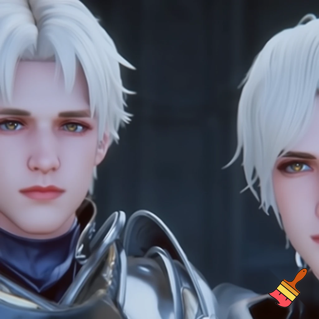 a fair faced man with angelic short white hair and blueish gold eyes. he is also a knight