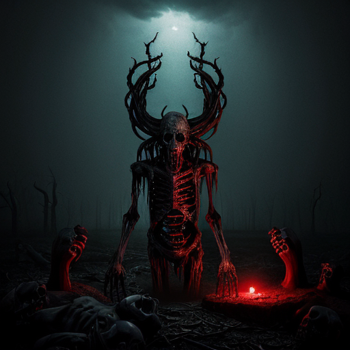 A highly detailed, dark surreal scene featuring a menacing demon amidst a gruesome landscape of decaying corpses, with visceral body horror elements, twisted organic forms, and a haunting, ominous atmosphere, illuminated by eerie, unnatural lighting.