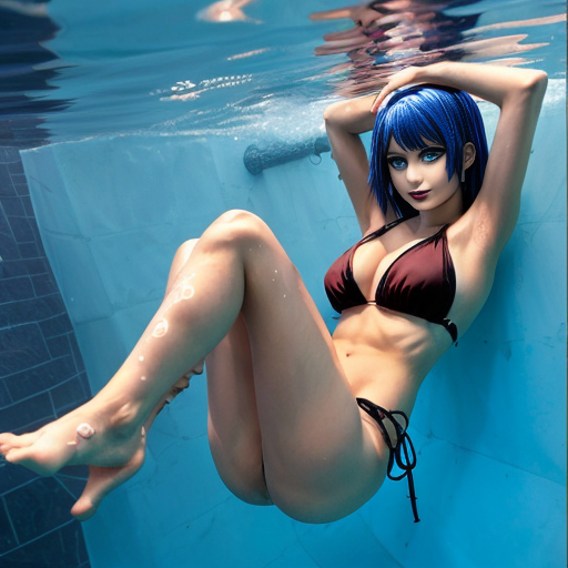 Gothic spider girl anime with blue eyes and a bikini, swimming with her legs spread.