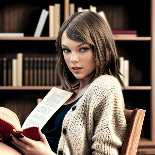 Generate an image of taylor swift reading a book in a cosy armchair in a small reading area with panelled wood bookshelves behind her. She is wearing the a cardigan and her hair is messy.