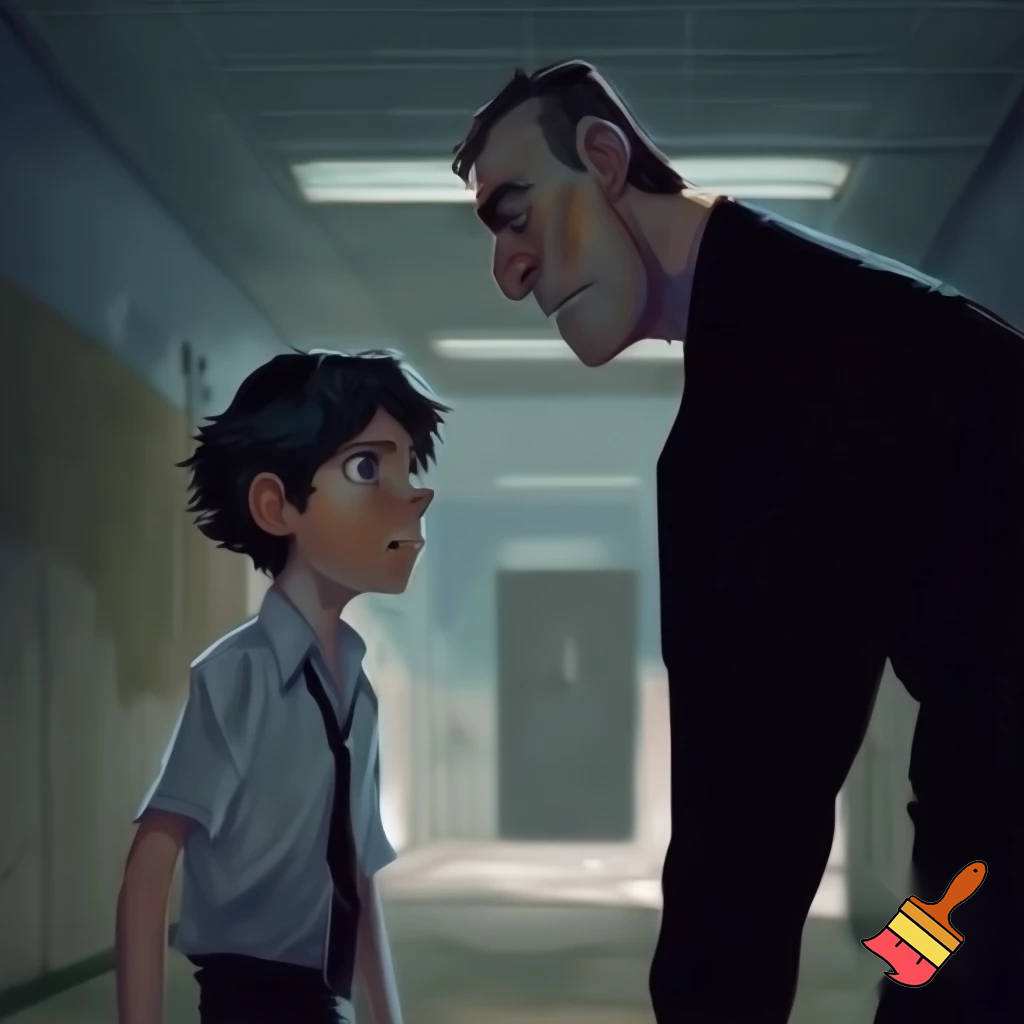 A boy in school uniform with his aggressive dad