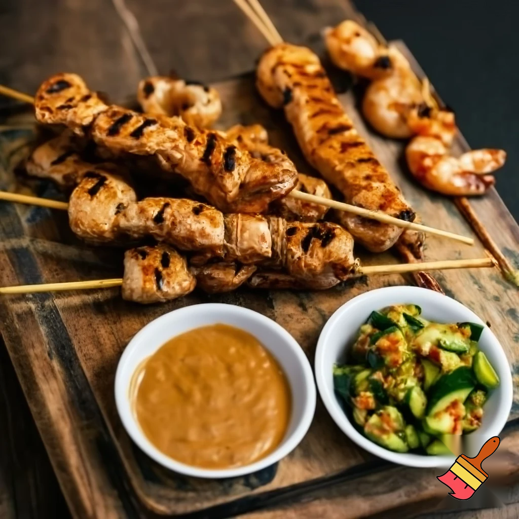 Grilled Chicken and Shrimp Satay with curried peanut sauce, chili garlic sauce, and spicy cucumber relish