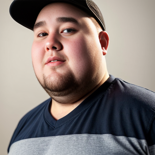 28 Year old Fat Guy with a big nose and has medium sized curly blonde hair and is wearing a plain brown cap