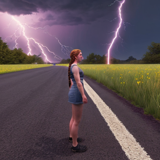 Lily Lowbraid from Poppy Playtime 5, standing upright, low-angle perspective, looking directly at tiny viewer (lilliput scale), one hand flat on the ground, palm naturally resting, fingers slightly spread, dramatic purple lightning sky, road and grass environment, realistic PS5-style graphics, photorealistic, highly detailed