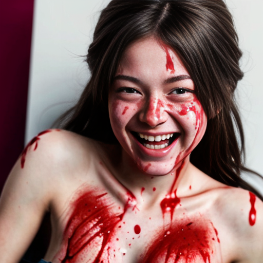 A girl dipped in blood while giggling 