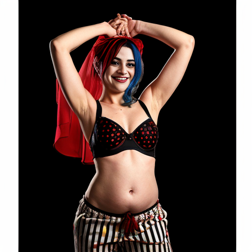 90's disney's 2d aladdin style comic black background and panels of 
panel 1 Harley Quinn with light black and red striped harem pants and bra and black and red curved slippers with both hand palms place together and hiding the bottom of her mouth with a light black and red striped veil wrapped around her arms and shoulders. 
panel 2 she danced with light black and red striped harem pants with light black and red striped bra and red and black curved slippers and with light black and red striped veil wrapped around her arms and shoulders and raising legs and bounced up and down her belly and shook her hips left and right. 
panel 3 as Harley Quinn with light black and red striped harem pants and bra and red and black curved slippers and with red and light black striped veil wrapped around her shoulders and arms and spreading her arms, happily revealing her face to the viewer and giving a smile as she shook her belly left and right. 
Panel 4 Harley Quinn with light black and red striped harem pants and bra and black and red curved slippers and with light black and red striped veil wrapped around her shoulders and arms has started to fading away , except her belly, which is bouncing around and growing. 
Panel 5 then the ball transforms into the fading in belly of Giant red haired giganta barefoot with dark yellow spotted yellow harem pants and bra and dark yellow spotted yellow veil wrapped around her arms and shoulders with her swaying her hips. 
Panel 6 red haired giganta barefoot with dark yellow spotted yellow harem pants and bra and dark yellow spotted yellow veil wrapped around her arms and shoulders then she is flexing her muscled arms.