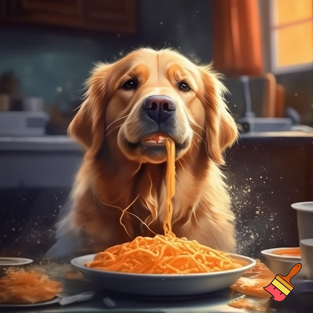 a dog eating kraft dinner