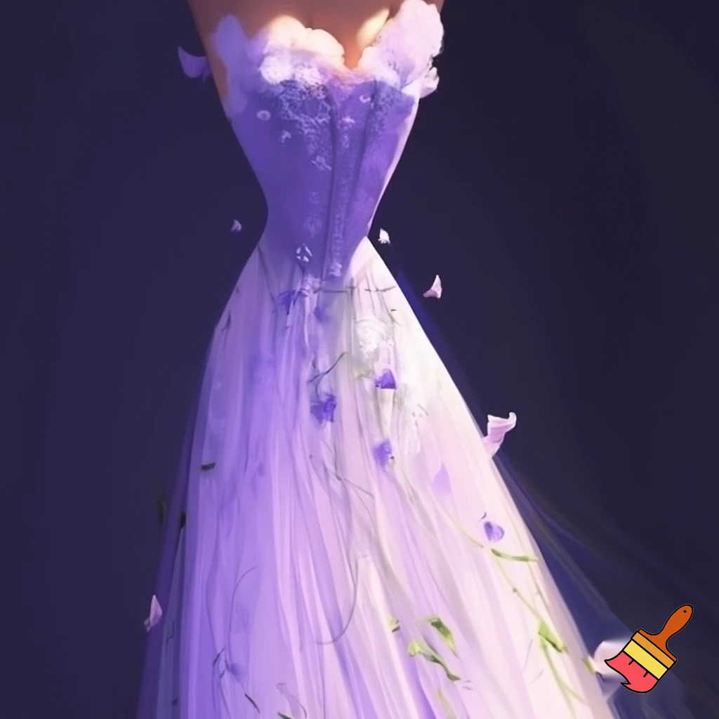 A pastel lavender gown inspired by spring flowers.
The bodice has a soft corset design with hand-drawn floral patterns fading into a light tulle skirt.
It’s romantic and delicate, perfect for garden parties or elegant weddings.