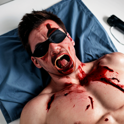 A shirtless man, face are hiding by shirt with cut on eye part, died, chest open wounded, blood everywhere, mouth are bleeding blood, eye closed.