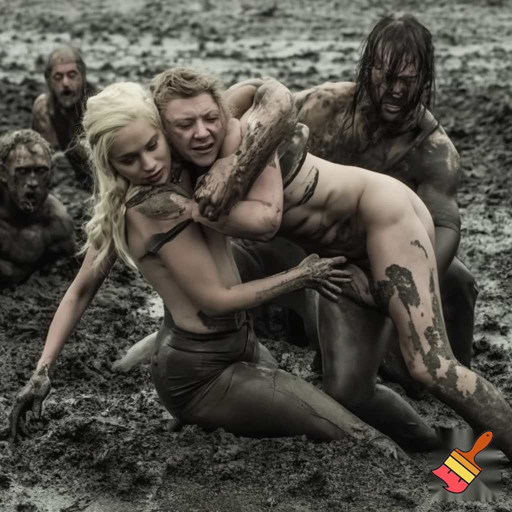 Daenerys Targaryen and Natalie Dormer wrestling in the mud , Natalie Dormer is under Daenerys and losing. Both are naked and all sweaty 
