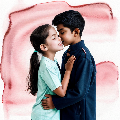 n Indian boy holding an Indian girl with his hands. 
The girl gently kisses the boy’s forehead. 
They both look like 21-year-old college students. 
The boy wears a light green shirt and black pants. 
The girl wears black pants, a sky blue top, and a black coat with shortand button closed . 
The girl’s skin tone is slightly darker than the boy’s. 
Background: a room with a plain white wall. 
The girl’s hair is tied neatly, like in a uniform style. 
Style: soft watercolor painting. 
Aura glow: pastel aura (pink + blue mix)