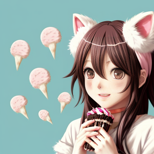 A cute cat furry in this style with “moe” style anime eyes and Neapolitan ice cream themed. Long, fluffy hair with pink/white/brown accessories, with large, cute paws