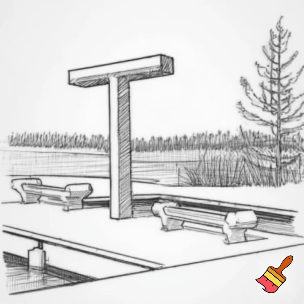 A construction sketch of a dock with a T shaped end with two benches over a small pond
