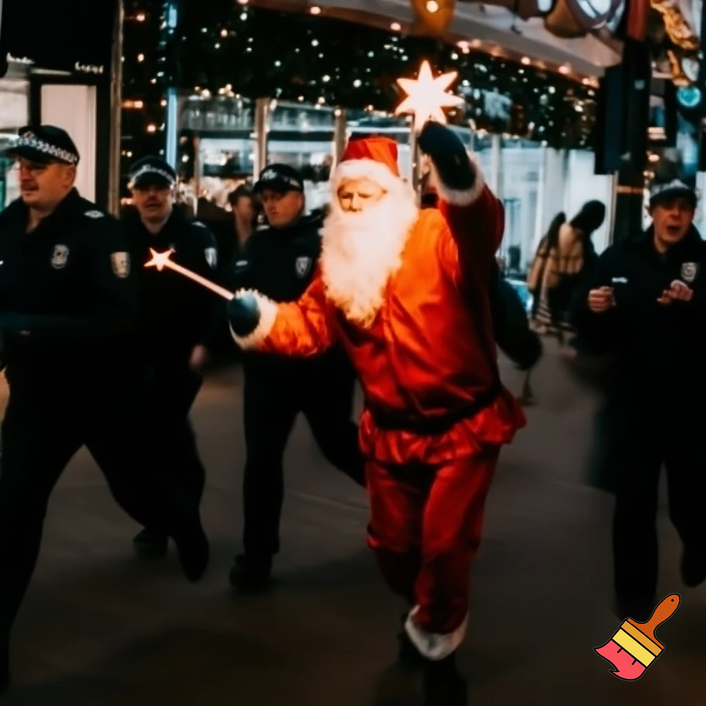 Santa Claus dancing shopping Centre walking Australian magic walking stick walking stick star running outside of the shopping centre on the Christmas tree  policeman are running
