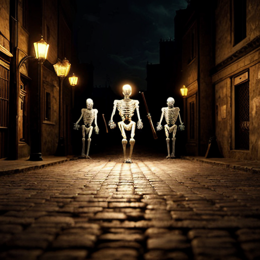 Scene 7 – Accused of Witchcraft
Image Prompt
Hyper realistic transparent skeleton surrounded by armored medieval guards pointing spears toward it, skeleton holding a glowing smartphone defensively, dark medieval street environment with torches casting dramatic shadows on cobblestone ground, cinematic lighting emphasizing the reflective bones.