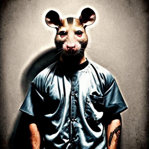 strong tough rat, evil, sinister, wearing prison outfit, mugshot style
