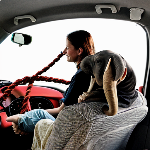 Draw an elephant pulls a red car with the rope, a girl sitting in the car holding the steering, a man sits on the elephant's back.