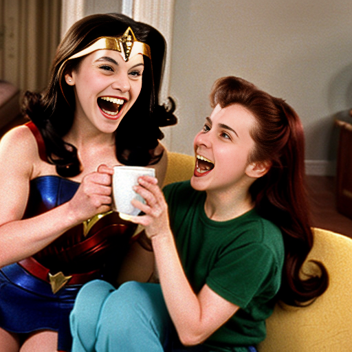 She-Ra from ”Princess of Power 1985” and Wonder Woman from ”Justice League 2001” cry laughing when they catch their 12 year old little sister Wendy from ”Peter Pan 1953” drinking coffee on the sofa in the living room and Wendy isn’t enjoying it.