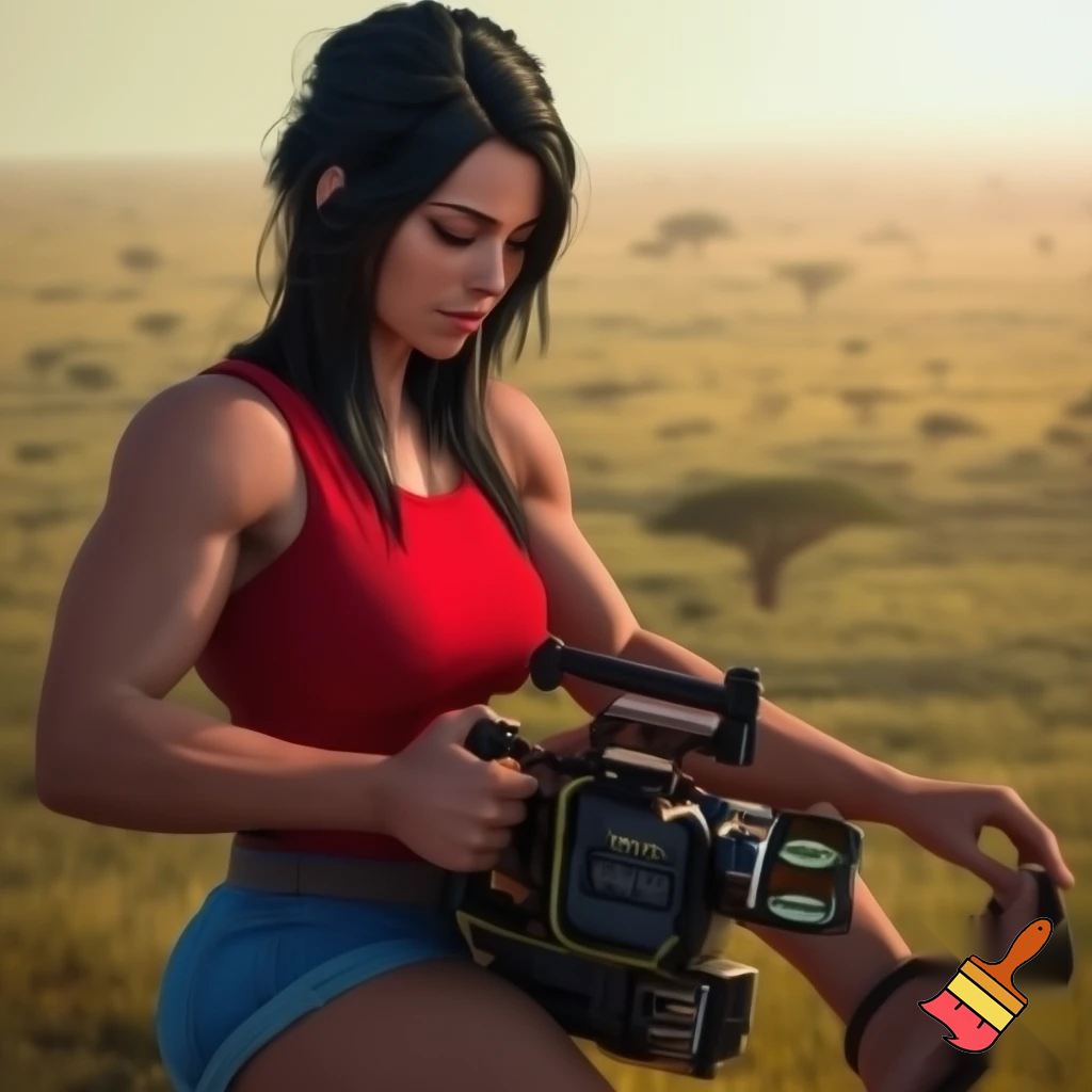 A cute and muscular black-long-and-side-swept-banged-haired fair white woman with arriflex digital camera and wearing red tank top and woman's blue short jeans and putting the sandals on her feet is filmming the plains of the Serengeti in Tanzania.