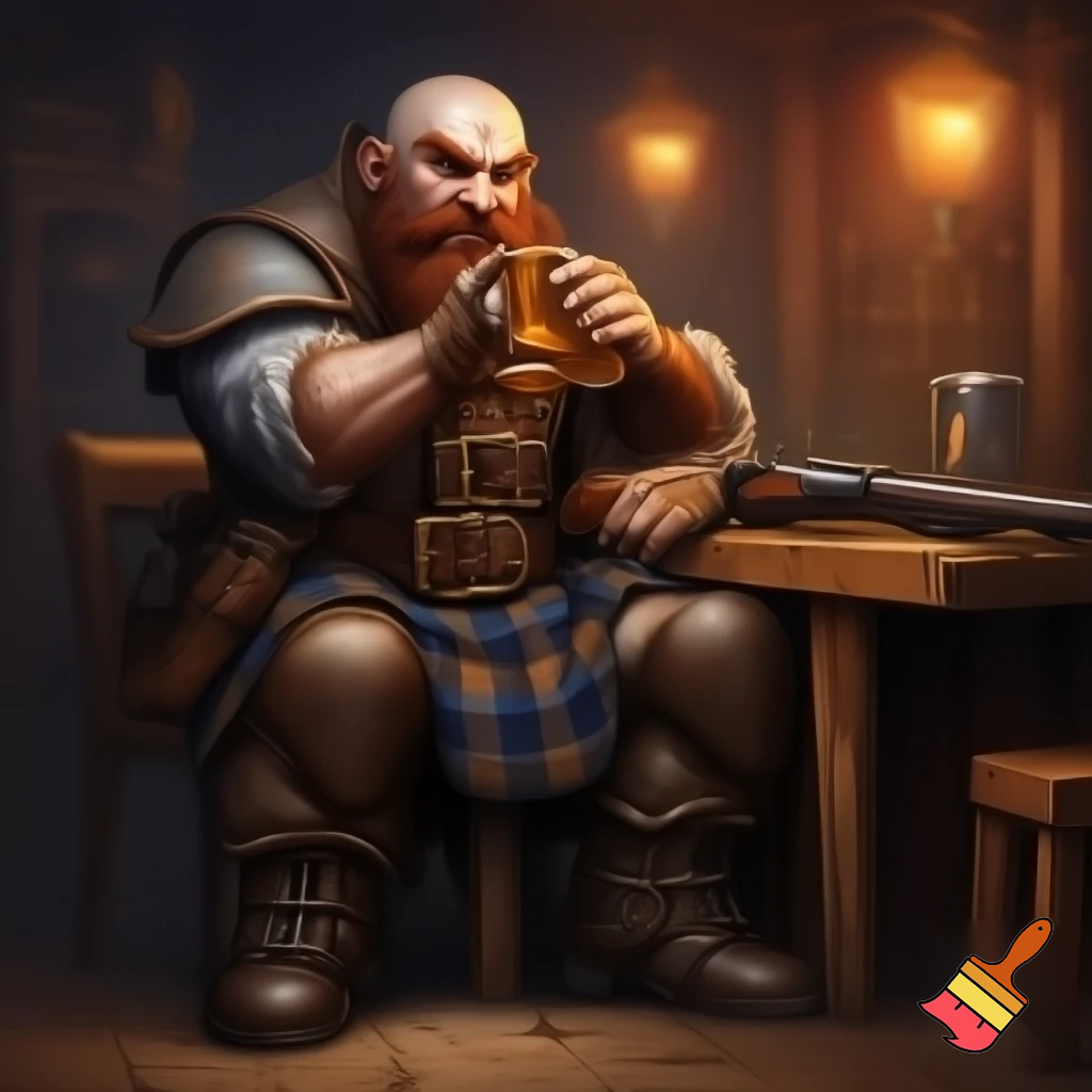 short far dwarf. gunslinger. cigar. sitting at the counter on chair in tavern and sipping a pint. bald. red beard. rough atmosphere. kilt. musket on the table. rugged leather armor. angry. harsh drawn style