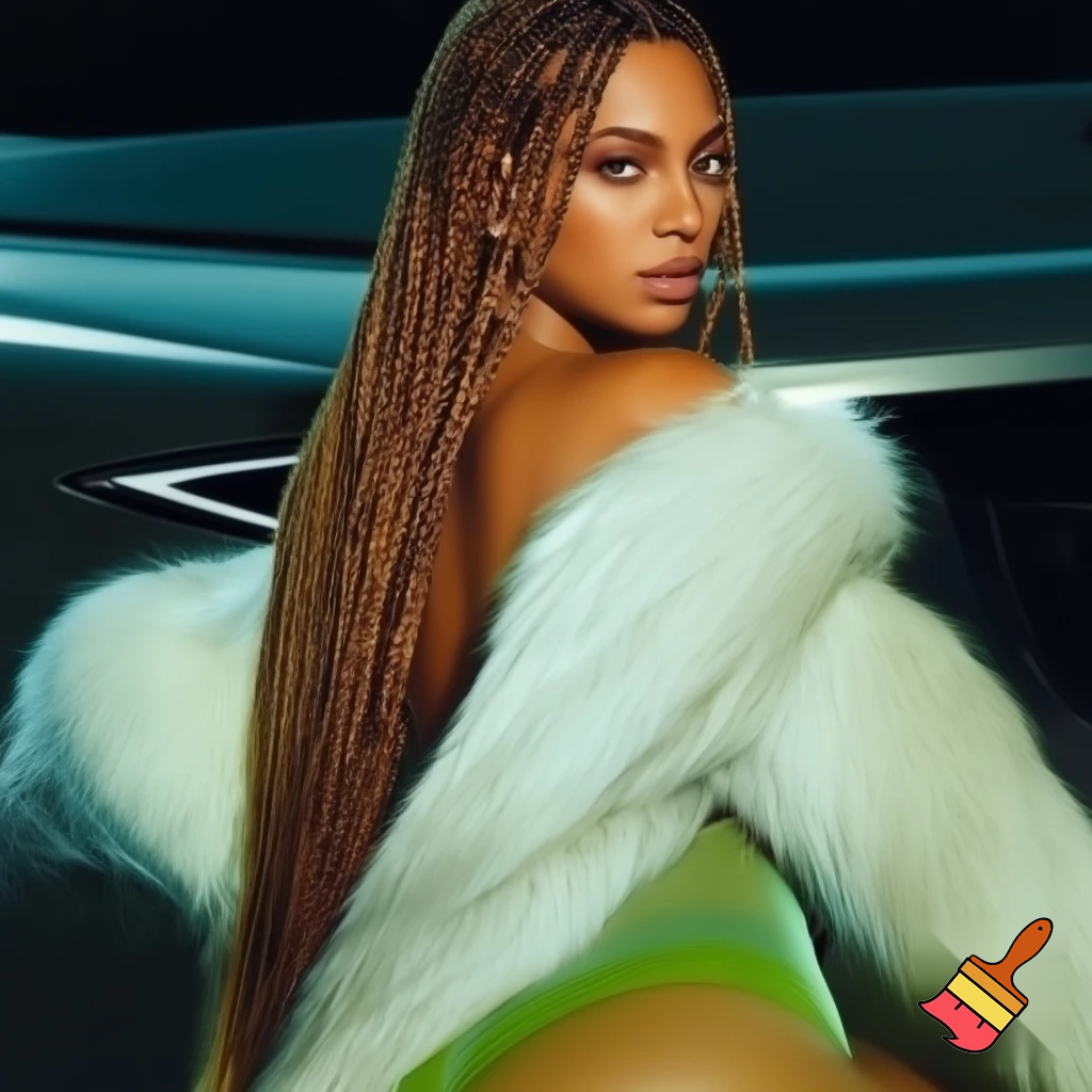 Beyonce with long african brown box braids with brown makeup wearing a dark pastel transparent green bodysuit with a white fur coat on standing in front of a car ,photoshoot, face angle face  ,face angle close up ,she is posing from the back   kneeling down pose (we should only see her hair)