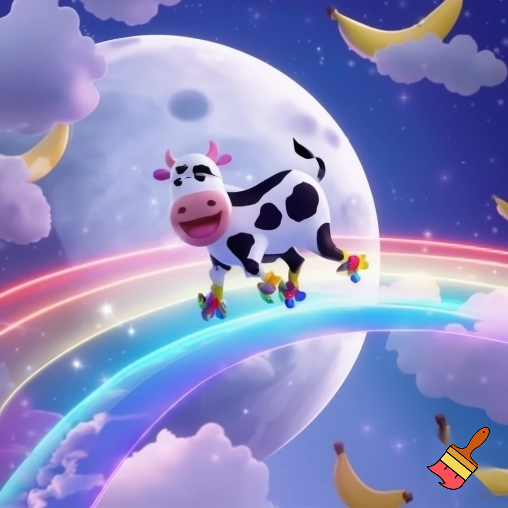 A cow on roller skater crossing a rainbow bridge that connects the Moon with banana shaped clouds