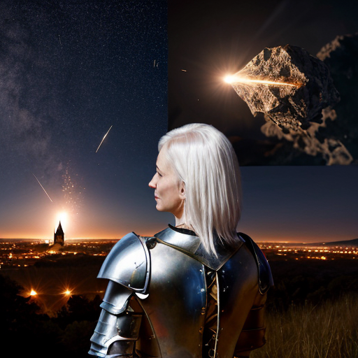 young white-haired woman in armor watches as meteorites fall on her castle