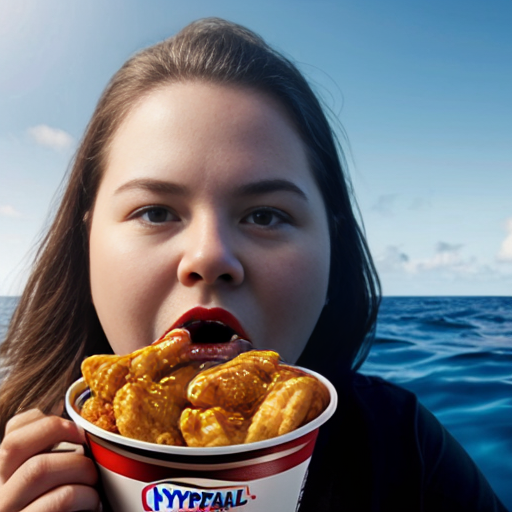 
fat snake with human head in the ocean eating KFC