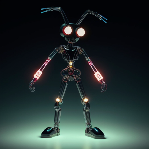 Generate a unique cybernetic character in the style of Hazbin Hotel. The character has a slender, elongated, slightly puppet-like humanoid body, fully composed of interwoven black wires, metallic components, and softly glowing diodes. The arms and legs are jointed like a sophisticated automaton, with subtle gaps revealing internal wiring. The character maintains a proud, commanding posture, radiating cold intelligence and absolute control.

The head is a monitor with softly glowing edges, displaying a cunning, intelligent, and slightly sinister smile (avoid silly or overly cute expressions). The dominant eye on the monitor is bright red with black hypnotic stripes and a small spark, while other eyes and body lights glow softly and diffusely.

Color palette: aqua, black, and dark red/burgundy, with occasional subtle violet highlights on metal plates and body components.

The background is muted dark red, subtle and non-distracting, keeping full focus on the character.

Style: recognizable Hazbin Hotel aesthetic with crisp outlines, saturated colors, and smooth gradients, merged with a dark, majestic Sci-Fi vibe.

Strict constraints: maintain the original pose and humanoid proportions. Light sources limited to the monitor head and glowing body lines for high contrast.