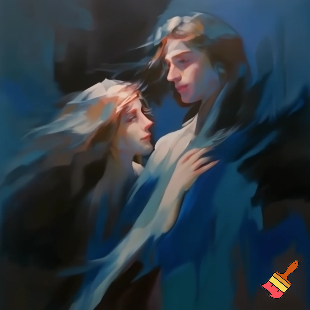 oil painting romantic couple man and woman with a long hair love blue and grey modern abstract
