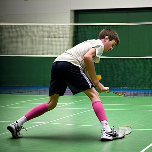 a side profile of a 14 year old boy hitting a badminton shuttlecock about 10 metres