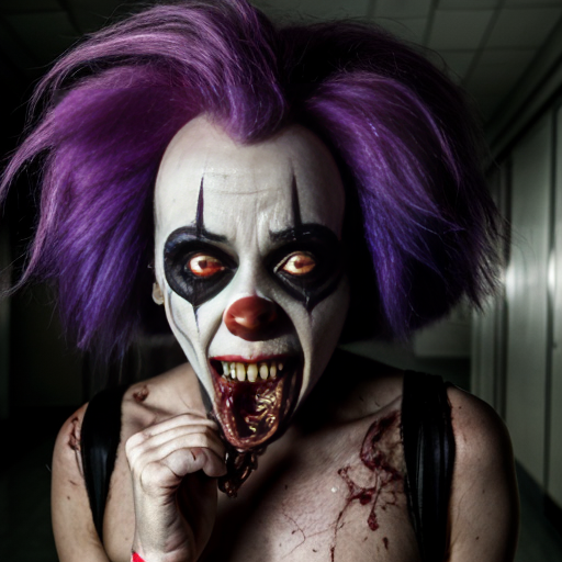 ​A​Photorealistic flash photography of a grimy, liminal hospital hallway. A group of creepy clowns with red, green, purple, straight, frizzy, trashyhair and stained, vintage striped outfits surround a towering, grotesque creature made of tangled intestines and dried maggots with a terrifying, gaping mouth. Eerie fluorescent lighting, dark surrealism, weirdcore aesthetic, macabre atmosphere