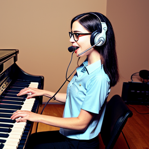 A glasses-wearing barefoot woman (somewhere between her 20s or 30s) with headphones (on her ears, not around her neck), a short-sleeve blue shirt (just a shirt, not a polo, and no branding on that), and very short black Adidas-brand shorts, she is tickling the ivories of a synth (both hands on the keys), there's also a mic, its stand is in front of her synth, the mic is pointing to her mouth, however, she doesn't sing to it for her mouth is closed.

