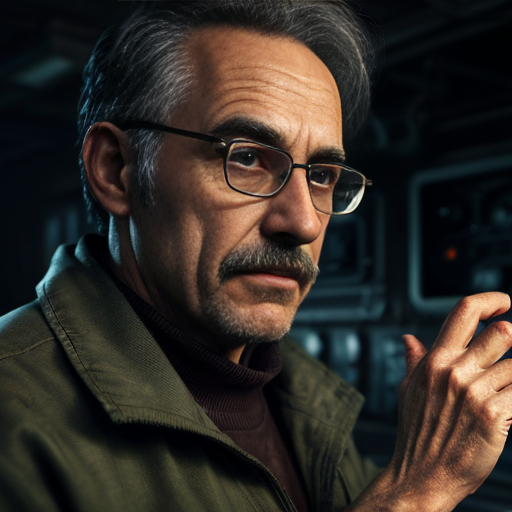 Cinematic portrait of Ingeniero Valdés, a rugged elderly scientist with weathered skin and sharp grey eyes. He wears a heavy olive-drab tactical field jacket over a dark red sweater. Messy salt-and-pepper hair, thick dark-rimmed glasses with visible scratches. Holding a retro-futuristic bronze device with glowing blue tubes. Hyper-realistic, 8k resolution, detailed texture, dark workshop background with floating dust particles, gritty atmosphere, moody lighting.