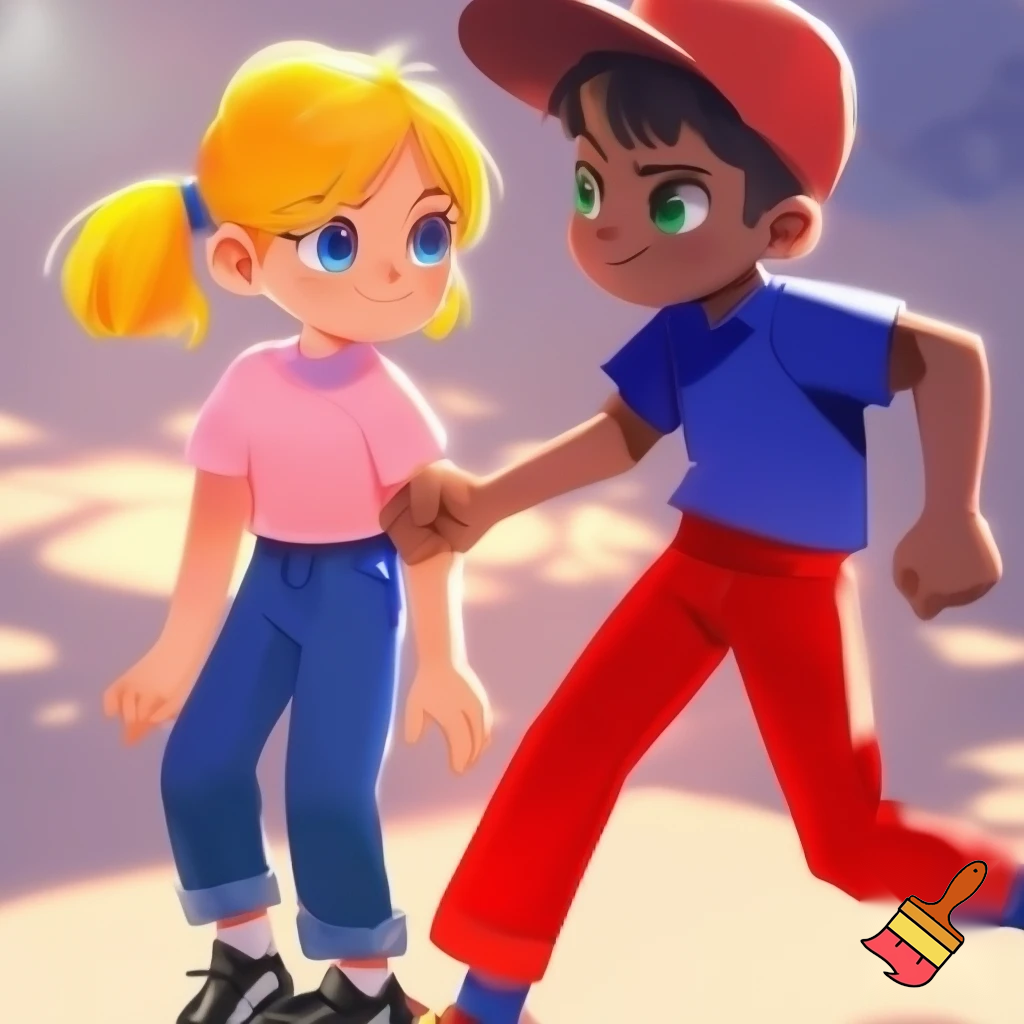 A girl with yellow hair, blue eyes, black shoes, blue jeans, pink shirt and the ponytail. and A boy with black hair, dark skin, green eyes, white shoes, red pants, blue shirt and a red cap.