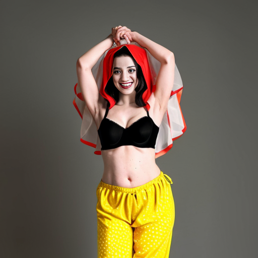 90's disney's 2d aladdin style comic black background and panels of 
panel 1 Harley Quinn with light black and red striped harem pants and bra and black and red curved slippers with both hand palms place together and hiding the bottom of her mouth with a light black and red striped veil wrapped around her arms and shoulders. 
panel 2 she danced with light black and red striped harem pants with light black and red striped bra and red and black curved slippers and with light black and red striped veil wrapped around her arms and shoulders and raising legs and bounced up and down her belly and shook her hips left and right. 
panel 3 as Harley Quinn with light black and red striped harem pants and bra and red and black curved slippers and with red and light black striped veil wrapped around her shoulders and arms and spreading her arms, happily revealing her face to the viewer and giving a smile as she shook her belly left and right. 
Panel 4 Harley Quinn with light black and red striped harem pants and bra and black and red curved slippers and with light black and red striped veil wrapped around her shoulders and arms has started to fading away , except her belly, which is bouncing around and growing. 
Panel 5 then the ball transforms into the fading in belly of Giant red haired giganta barefoot with dark yellow spotted yellow harem pants and bra and dark yellow spotted yellow veil wrapped around her arms and shoulders with her swaying her hips. 
Panel 6 red haired giganta barefoot with dark yellow spotted yellow harem pants and bra and dark yellow spotted yellow veil wrapped around her arms and shoulders then she is flexing her muscled arms